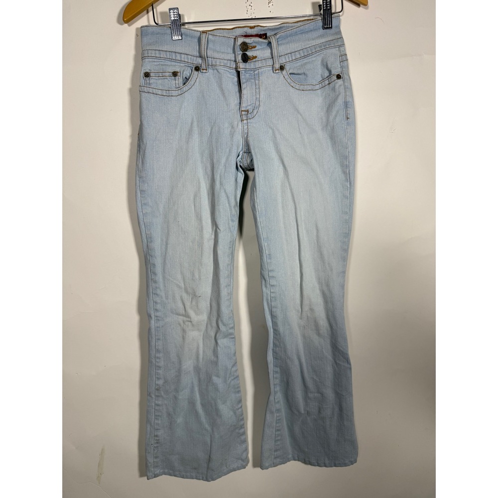 SO Stretch Light Wash Low Rise Flare Jeans Women Size 7 Y2K Light Blue Denim
